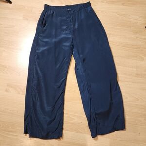 Munthe Viscose Silky Satin Wideleg Pull On Lined Navy Blue Pants Size 38 Medium